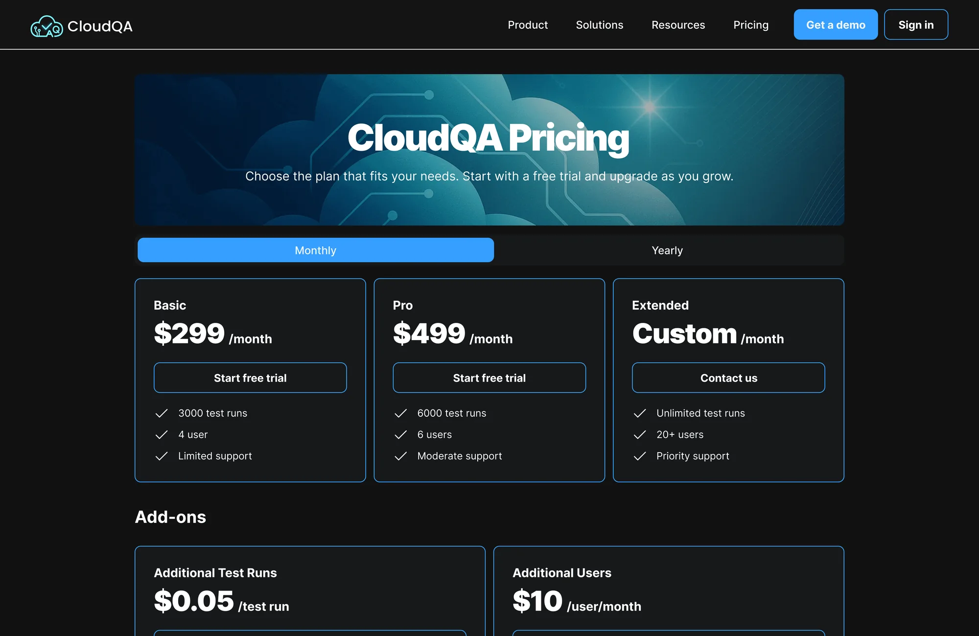 The redesigned CloudQA pricing page