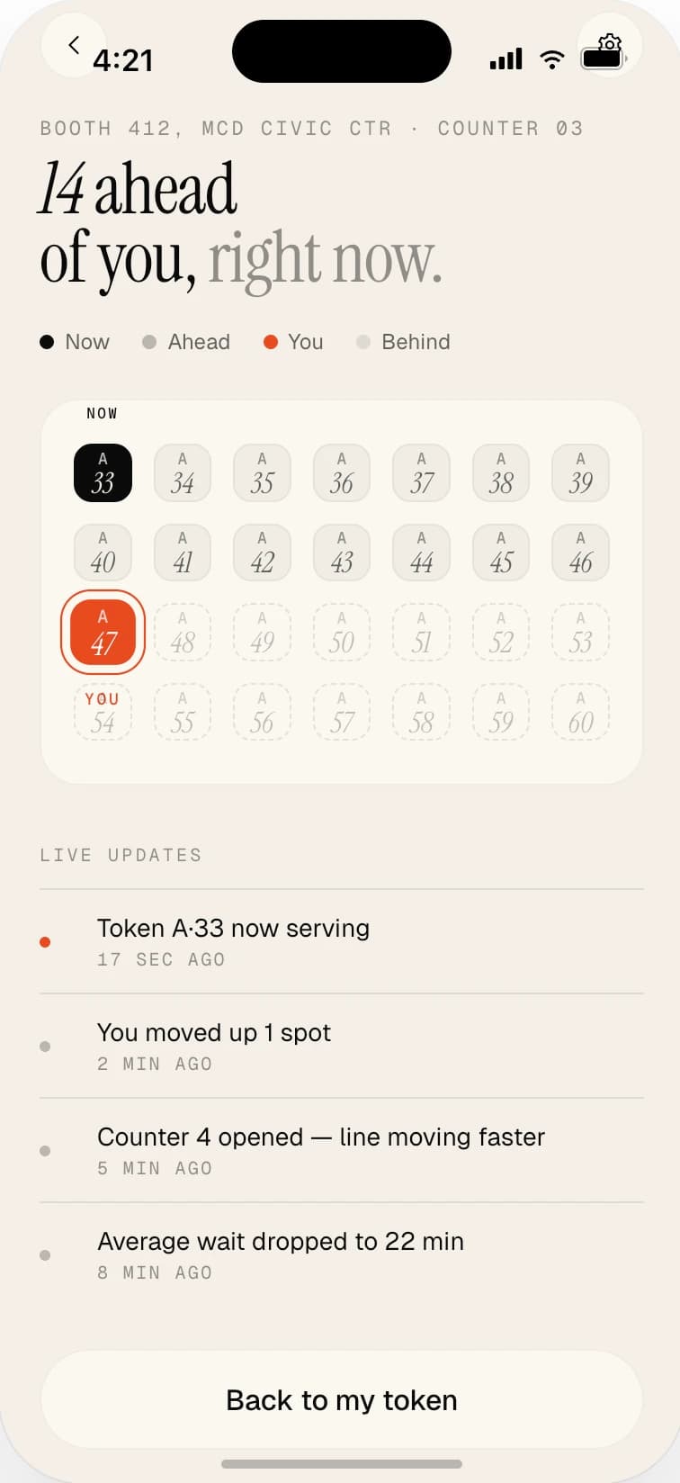 Lineup live queue screen counting down to the slot