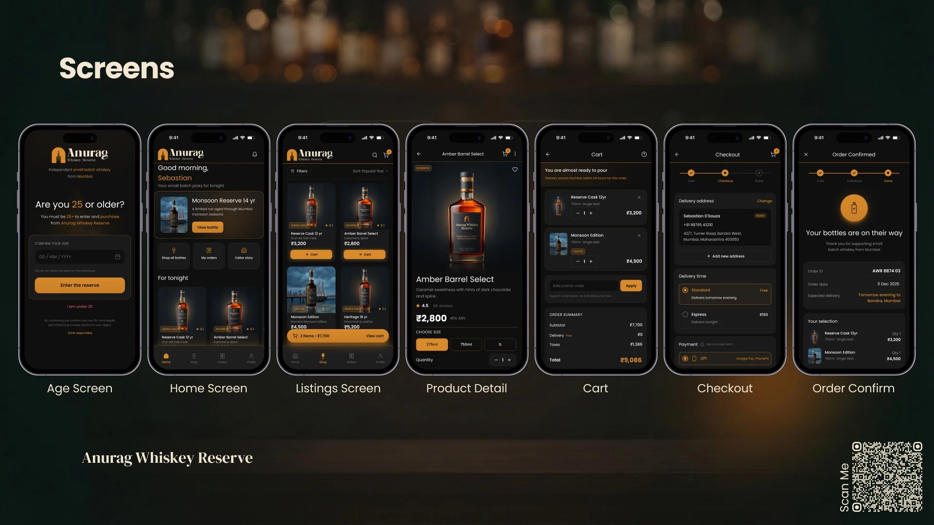 The full set. Dark, warm, amber, and the product photography carrying the page while the interface stays out of its way. All seven AWR app screens in a row: age screen, home, listings, product detail, cart, checkout and order confirmation