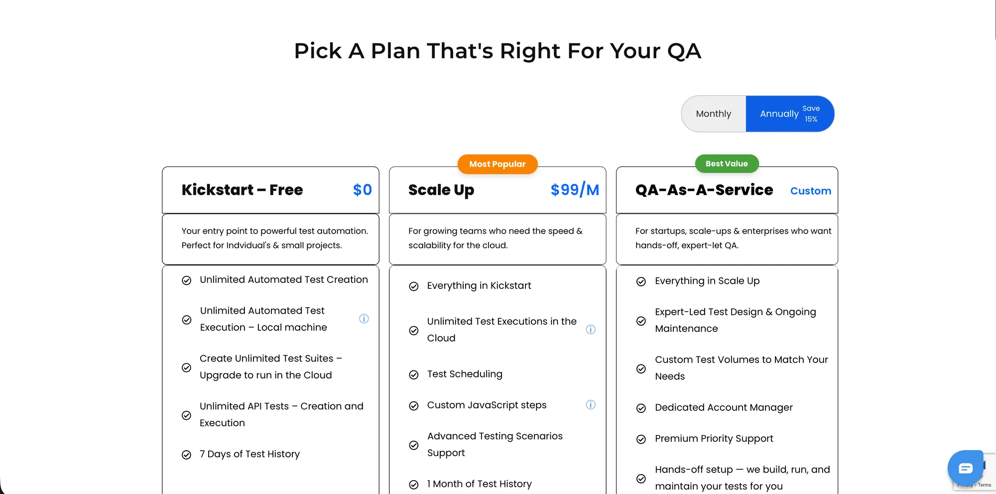 The original CloudQA pricing page with three near-identical tier columns of bullet lists