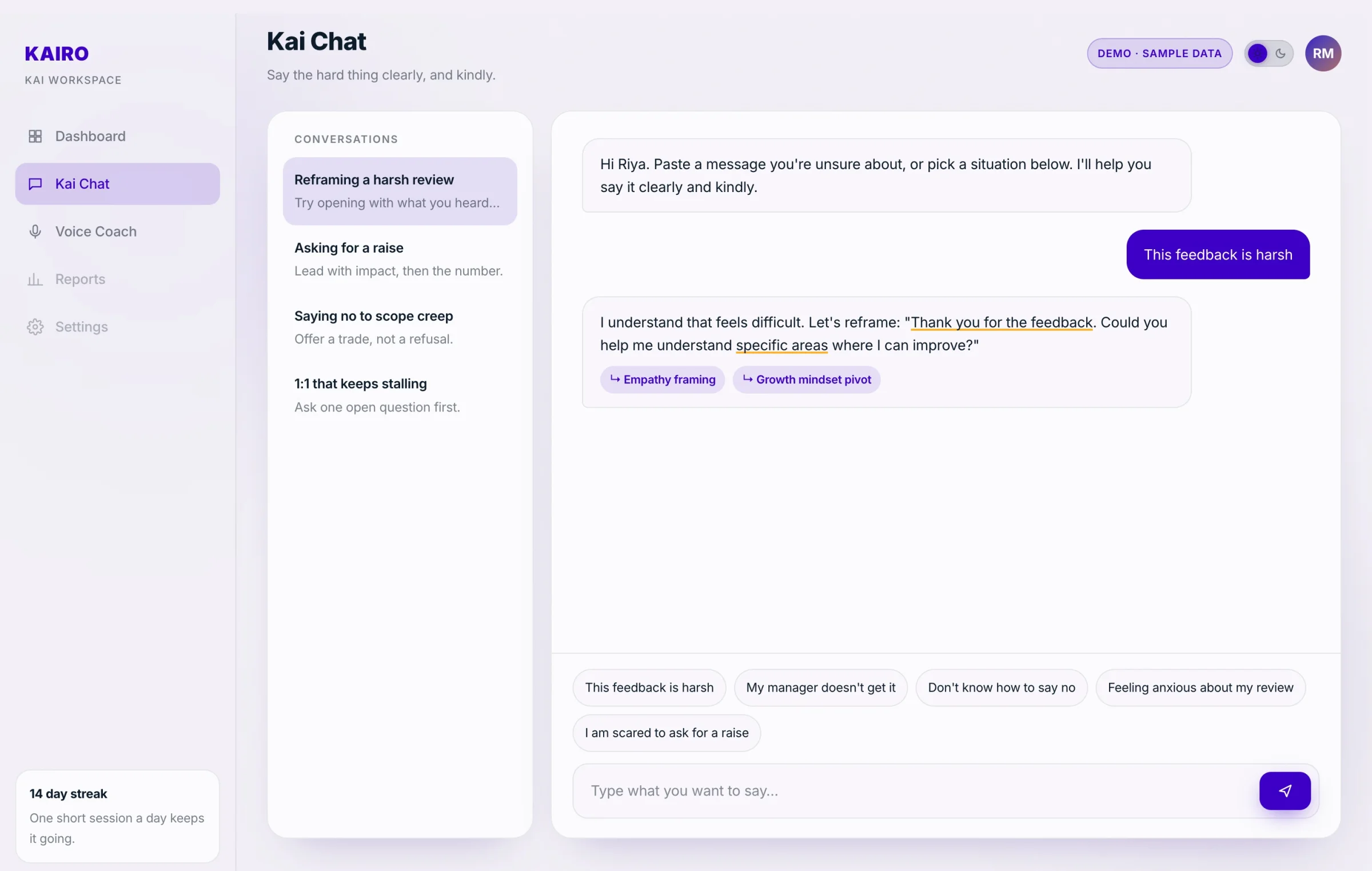 Kai Chat in light theme with the conversation list and suggested prompts