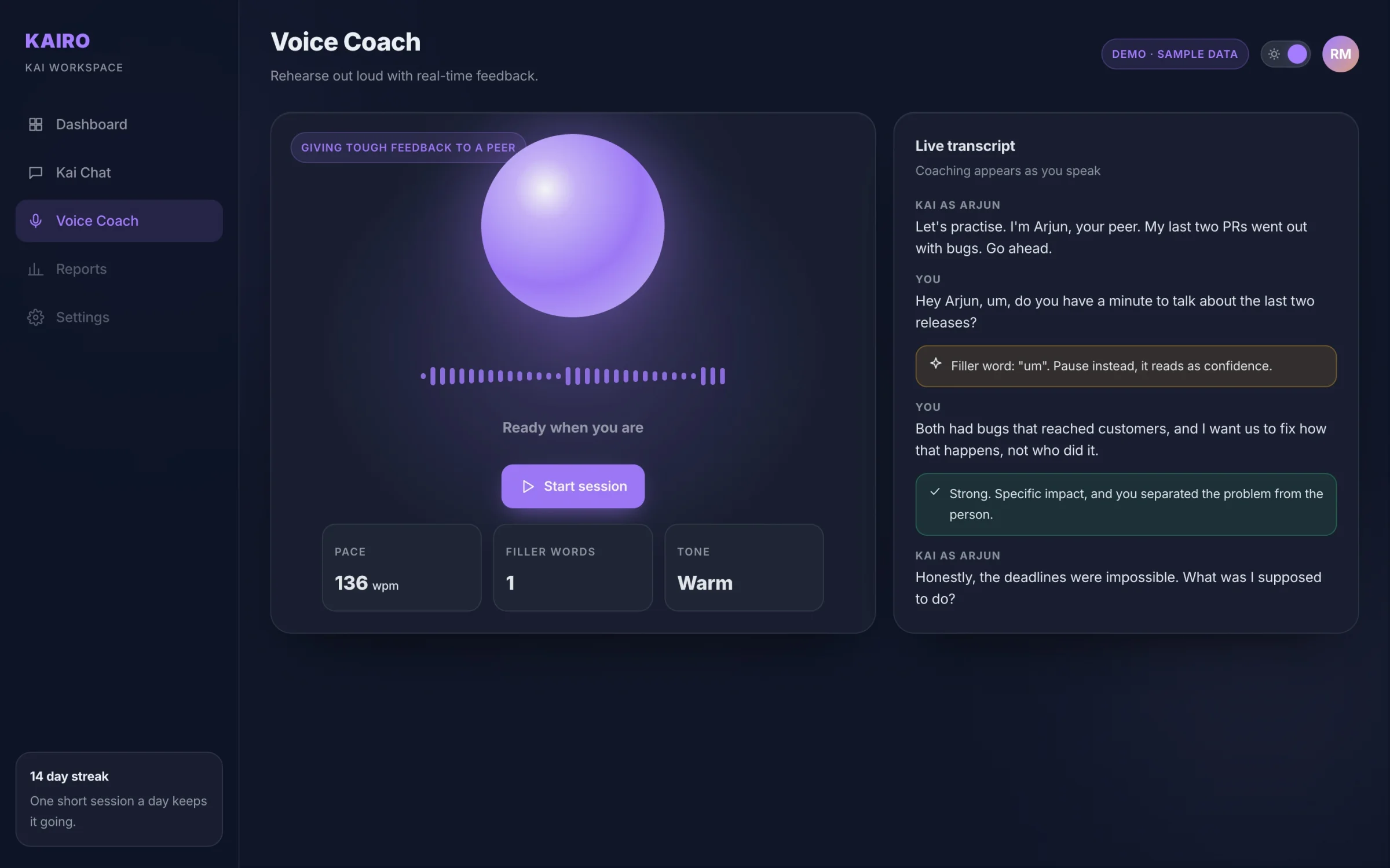 A Kai Voice Coach session with the voice orb, live transcript and coaching notes