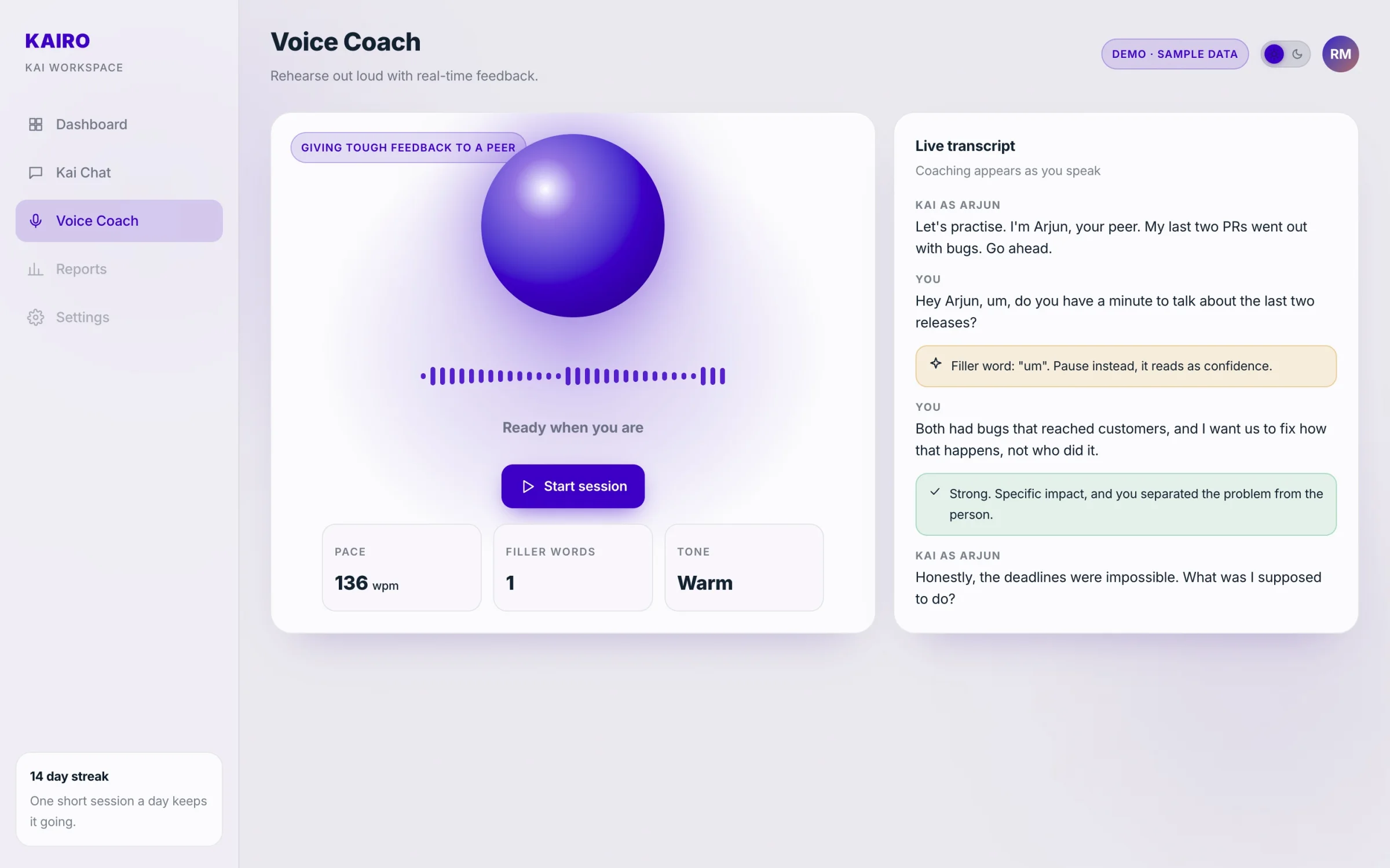 Kai Voice Coach in light theme with pace, filler word and tone meters