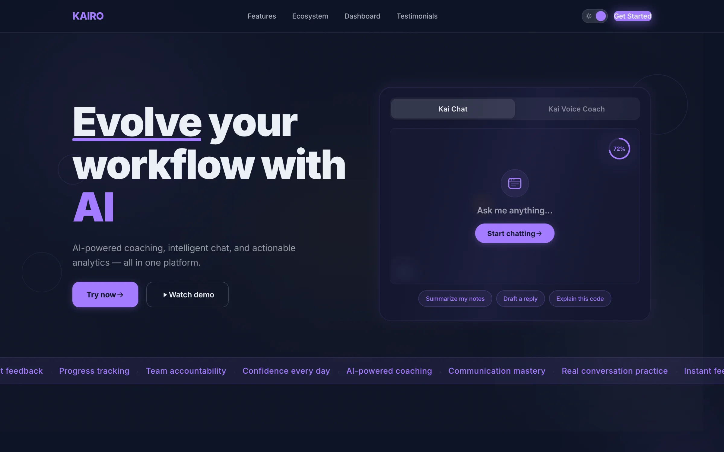 The Kairo landing page hero in dark theme, with the headline beside a working product panel