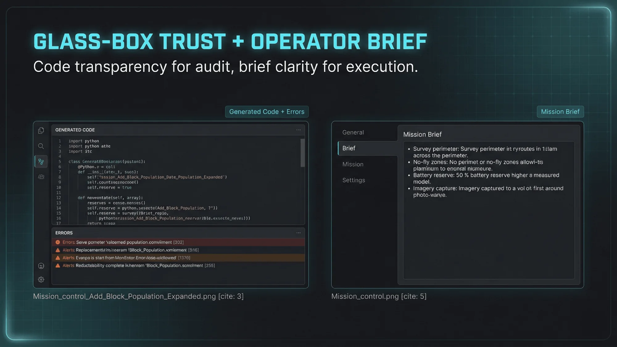 The generated code and the mission brief, side by side. Clarity for execution on one side, transparency for audit on the other. Slide showing generated code with inline errors beside a plain-language mission brief panel